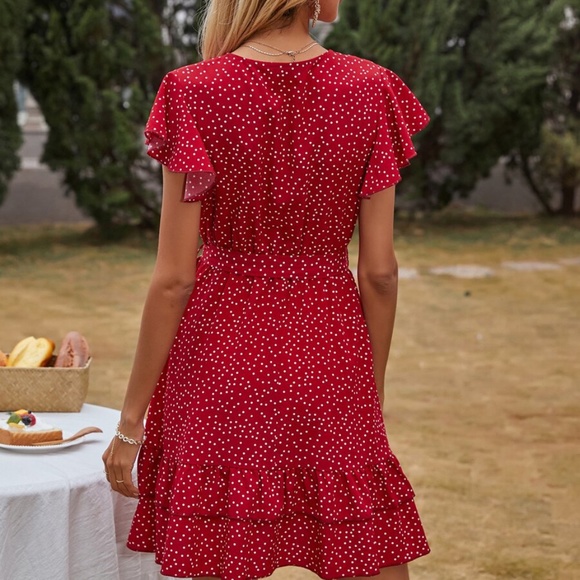Boho Red Polka Dot Butterfly Sleeve Ruffle Dress - Picture 2 of 7